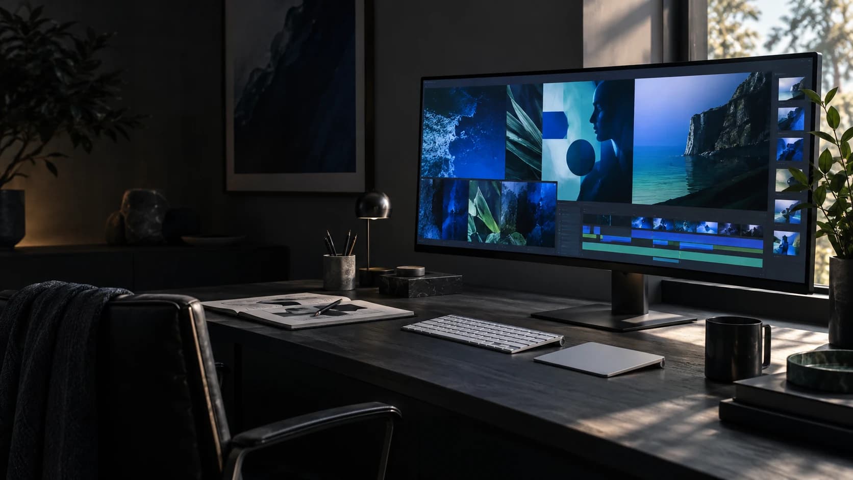 Konzeptmotiv eines digitalen Design-Arbeitsplatzes mit abstrakten Anzeigenentwürfen und blauem Licht.